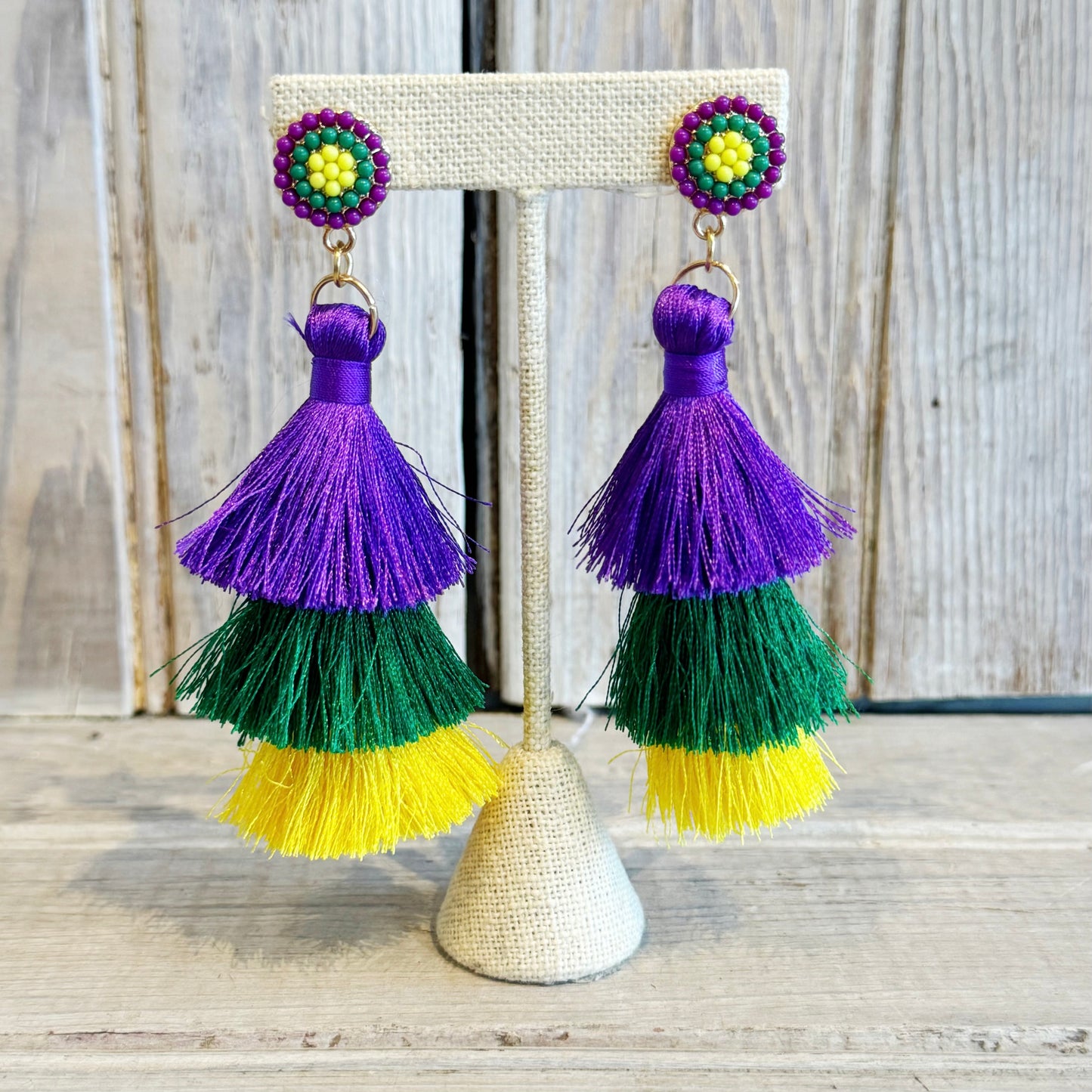 Beaded FDL Mardi Gras Tassel Earring