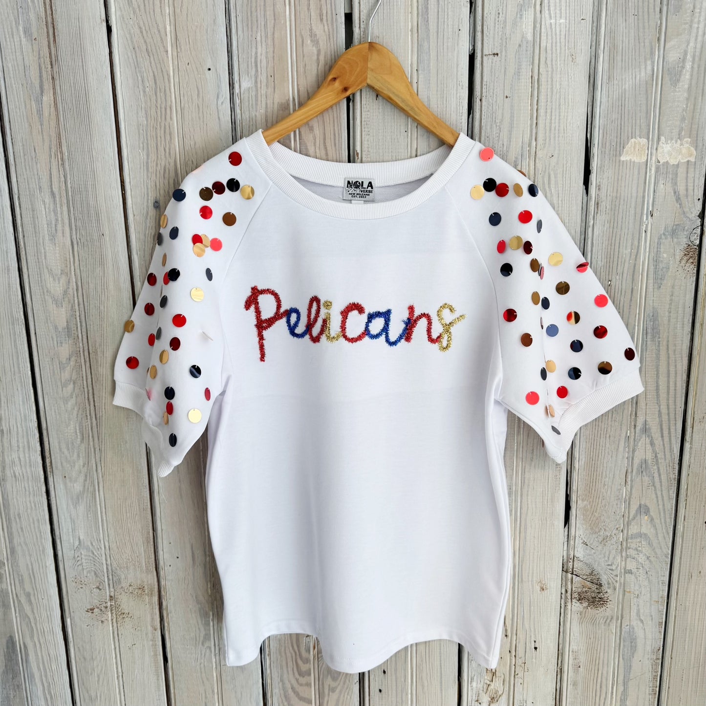 Pelicans Sequin Oversized Bubble Sleeve-white