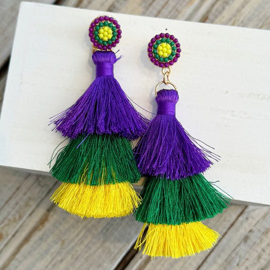 Beaded FDL Mardi Gras Tassel Earring