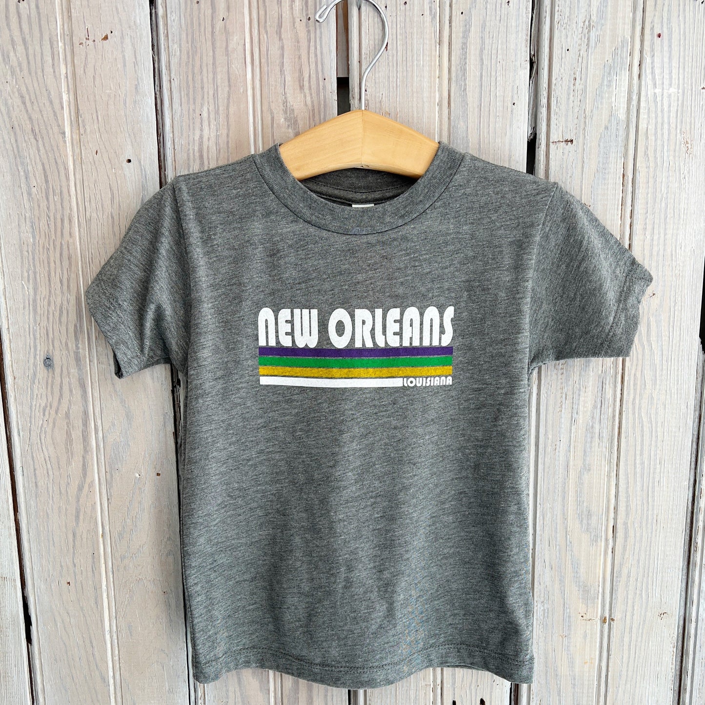 Mardi Gras NO Stripes Kids Tee-hea grey