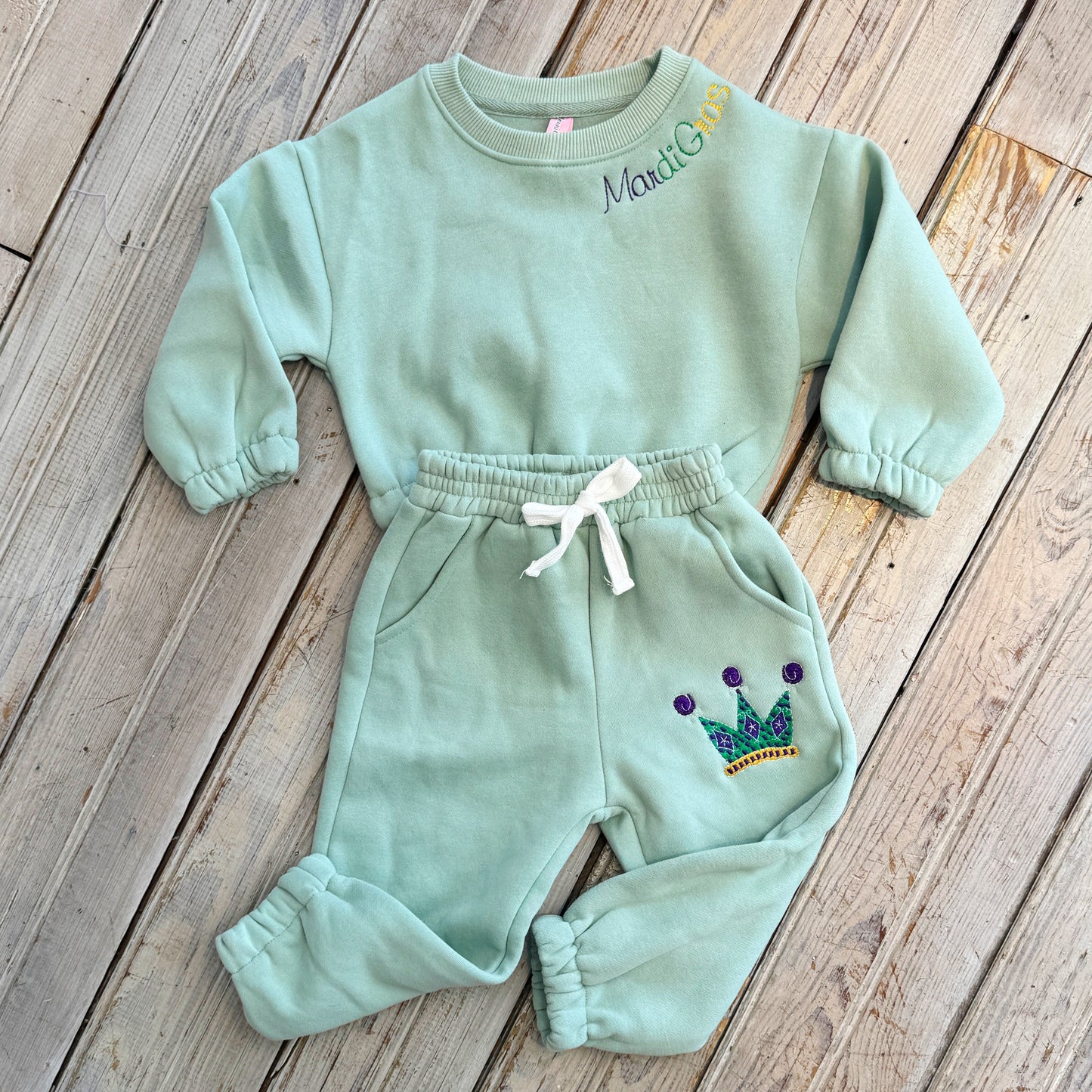 Kids Mardi Gras Embroidered Sweatsuit-green