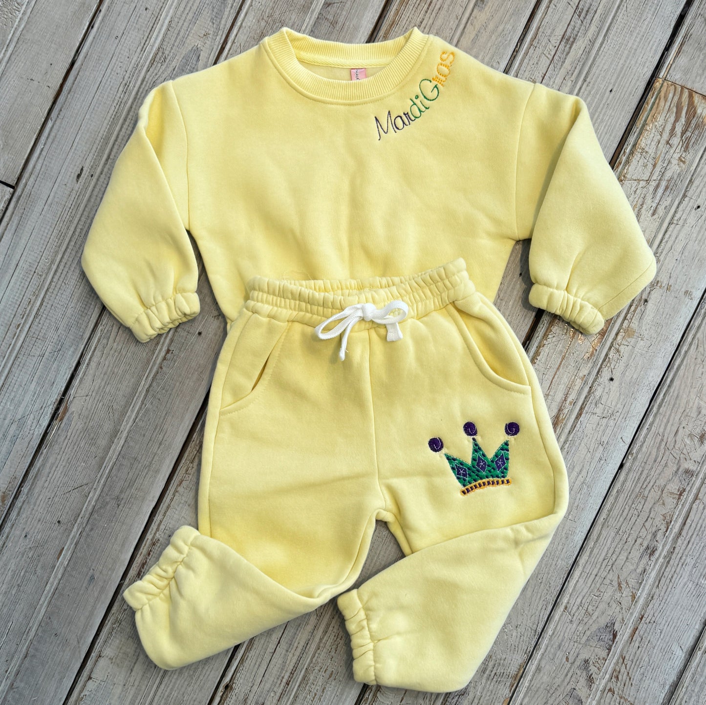 Kids Mardi Gras Embroidered Sweatsuit-yellow