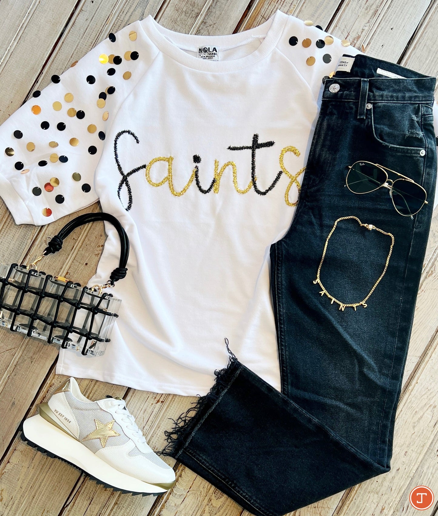 Saints Sequin Bubble Sleeve-white