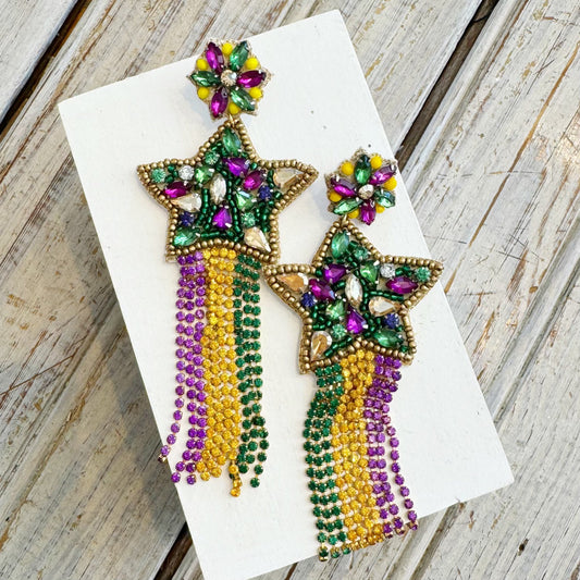 Mardi Star Rhinestone Tassel Earrings