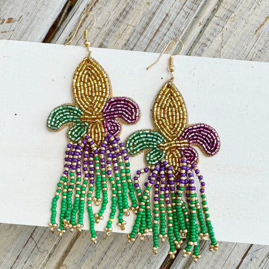 Mardi Gras FDL Beaded Tassel Earring