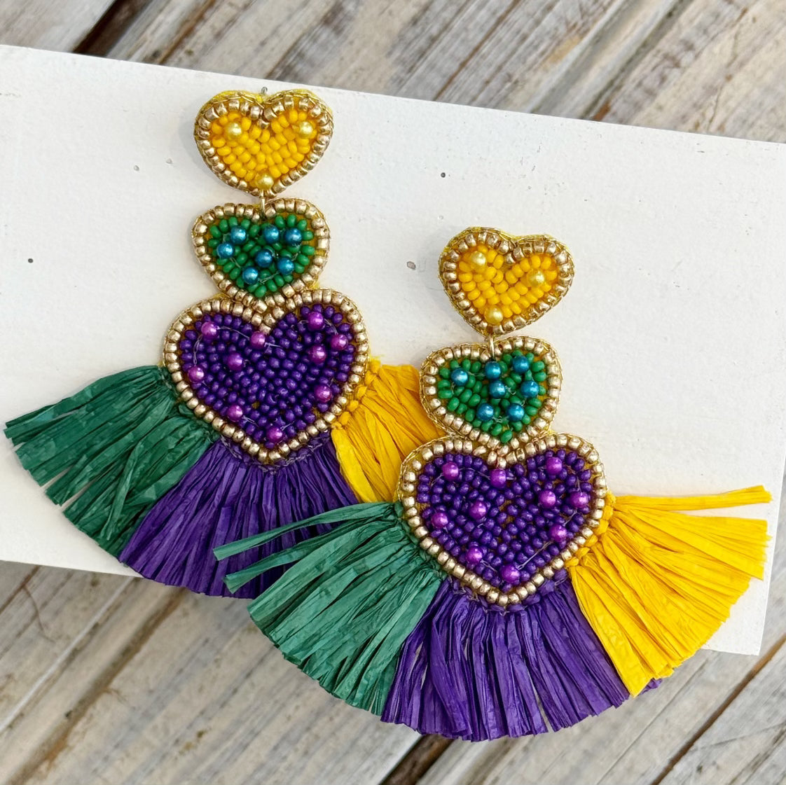 Triple Heart Raffia Mardi Earrings