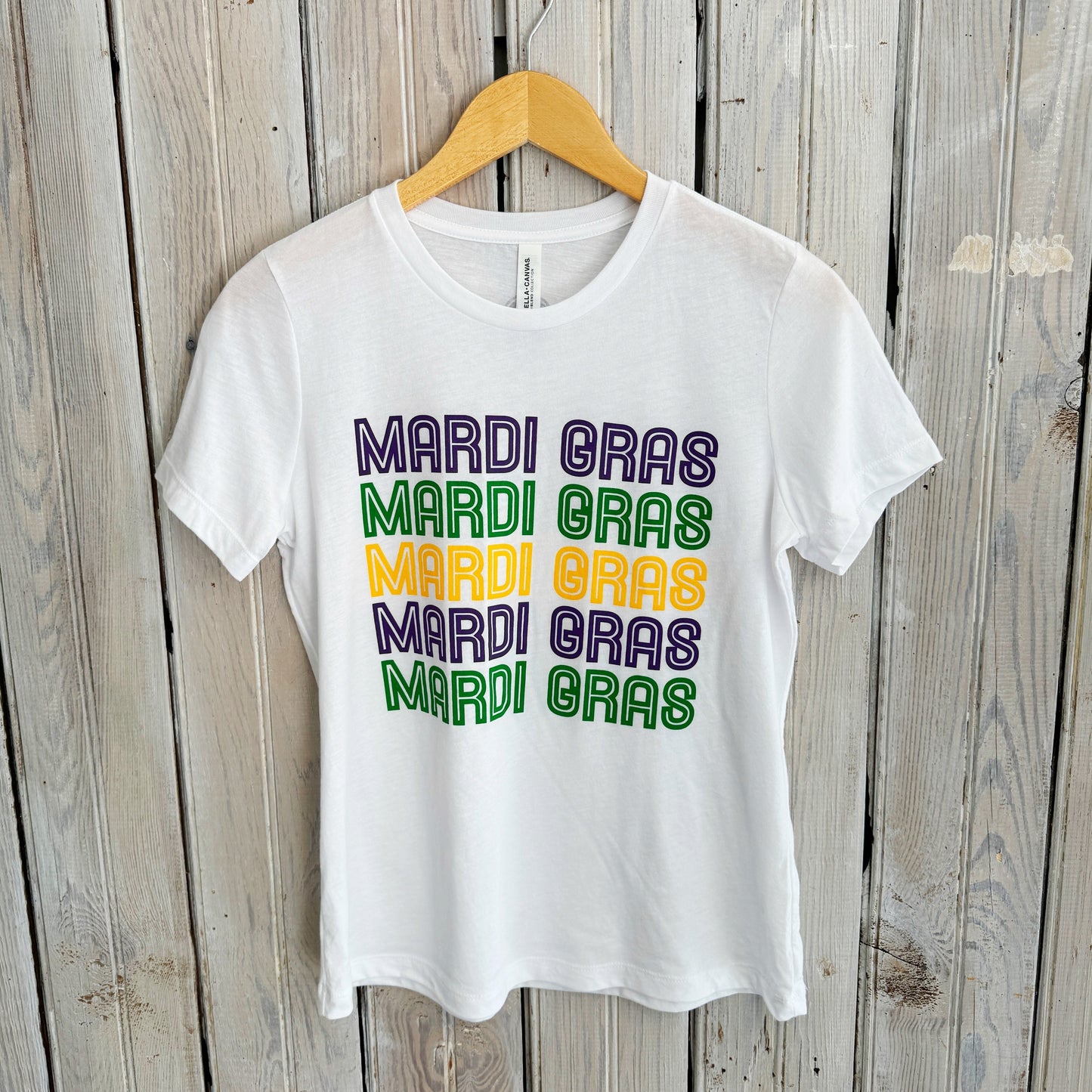 Mardi Gras x 5 Women’s Crew Tee-white